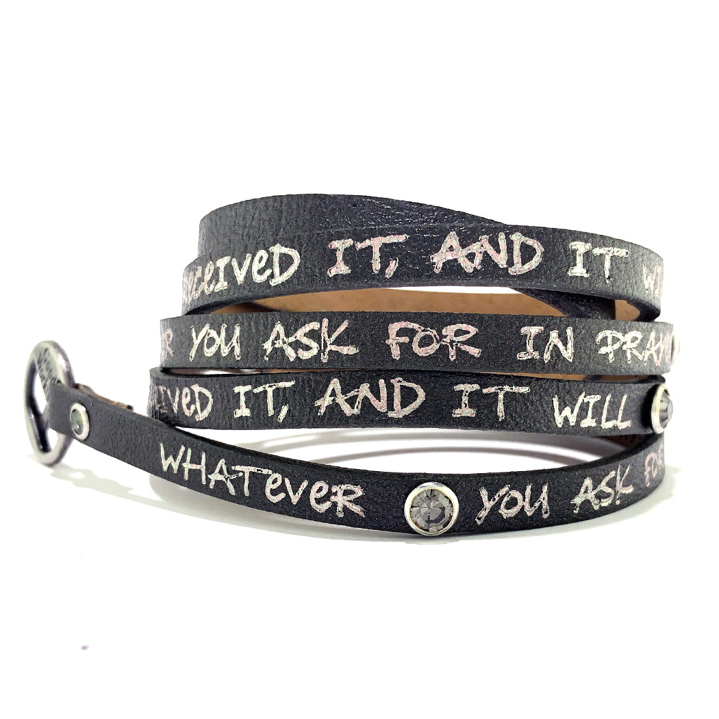 Bible Verse Wrap Around with Crystals – Mark 11:24 – Dark Forest-Good Work(s) Make A Difference® | Christian and Inspirational Jewelry Company in Vernon, California