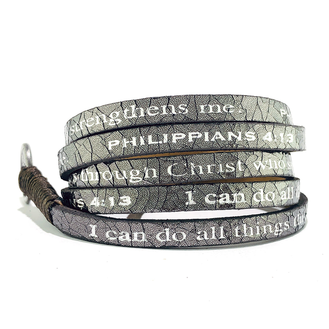 Bible Verse Wrap Around – Philippians 4:13 – Metallic Gunmetal-Good Work(s) Make A Difference® | Christian and Inspirational Jewelry Company in Vernon, California