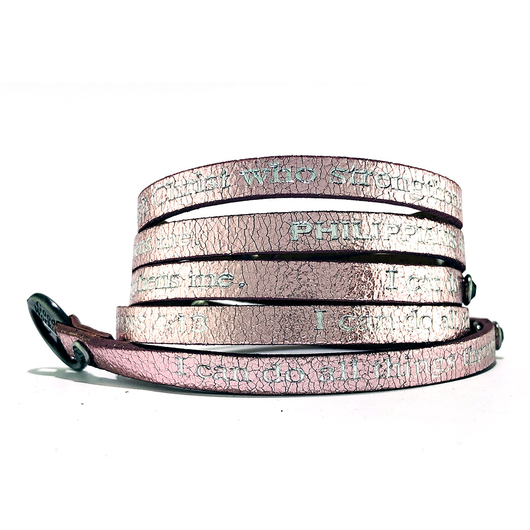 Bible Verse Wrap Around with Crystals - Philippians 4:13 - Metallic Pink-Good Work(s) Make A Difference® | Christian and Inspirational Jewelry Company in Vernon, California