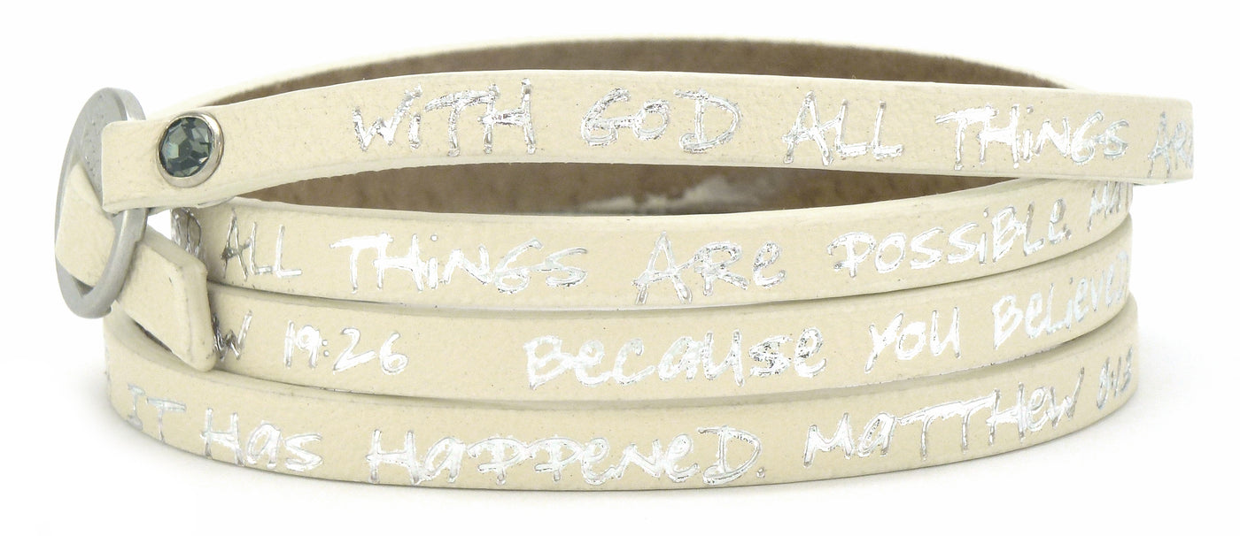 Bible Verse Wrap Around – Matthew 19:26/Matthew 8:13 – Off White-Good Work(s) Make A Difference® | Christian and Inspirational Jewelry Company in Vernon, California