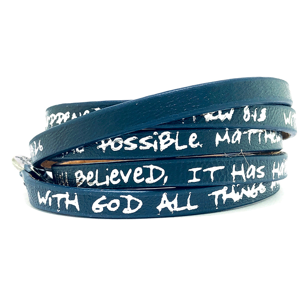 Bible Verse Wrap Around – Matthew 19:26/Matthew 8:13 – Navy-Good Work(s) Make A Difference® | Christian and Inspirational Jewelry Company in Vernon, California