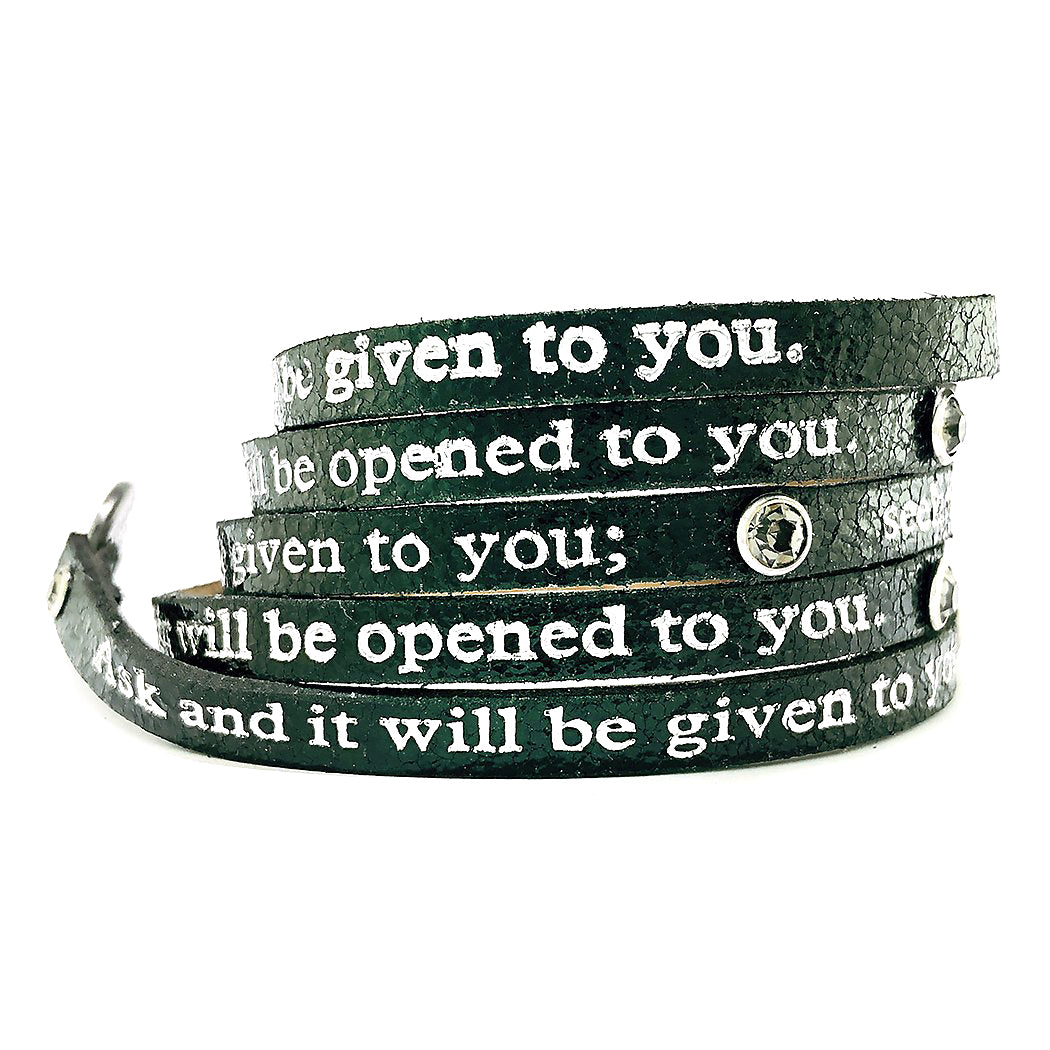 Bible Verse Wrap Around with Crystals – Matthew 7:7 – Metallic Black-Good Work(s) Make A Difference® | Christian and Inspirational Jewelry Company in Vernon, California