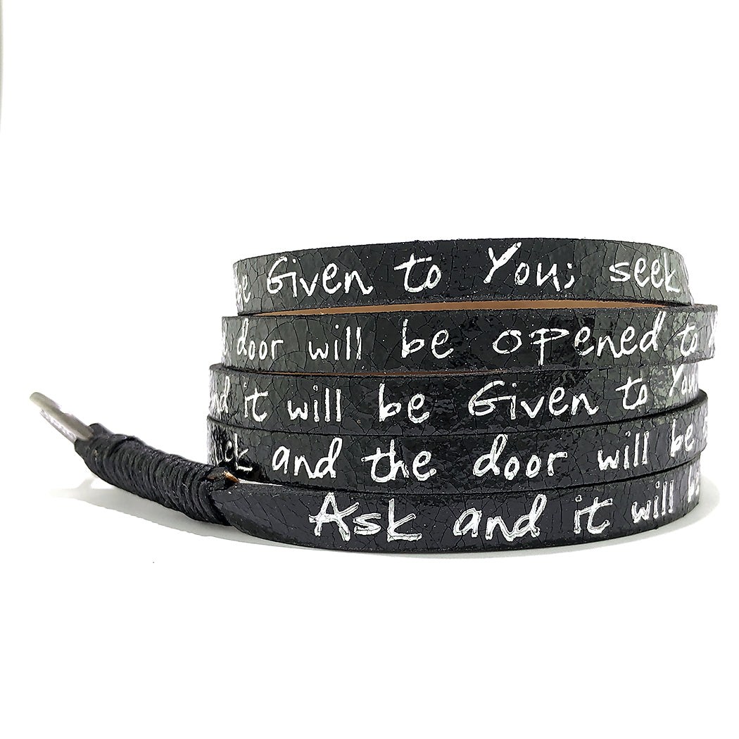 Bible Verse Wrap Around – Matthew 7:7 – Metallic Black-Good Work(s) Make A Difference® | Christian and Inspirational Jewelry Company in Vernon, California
