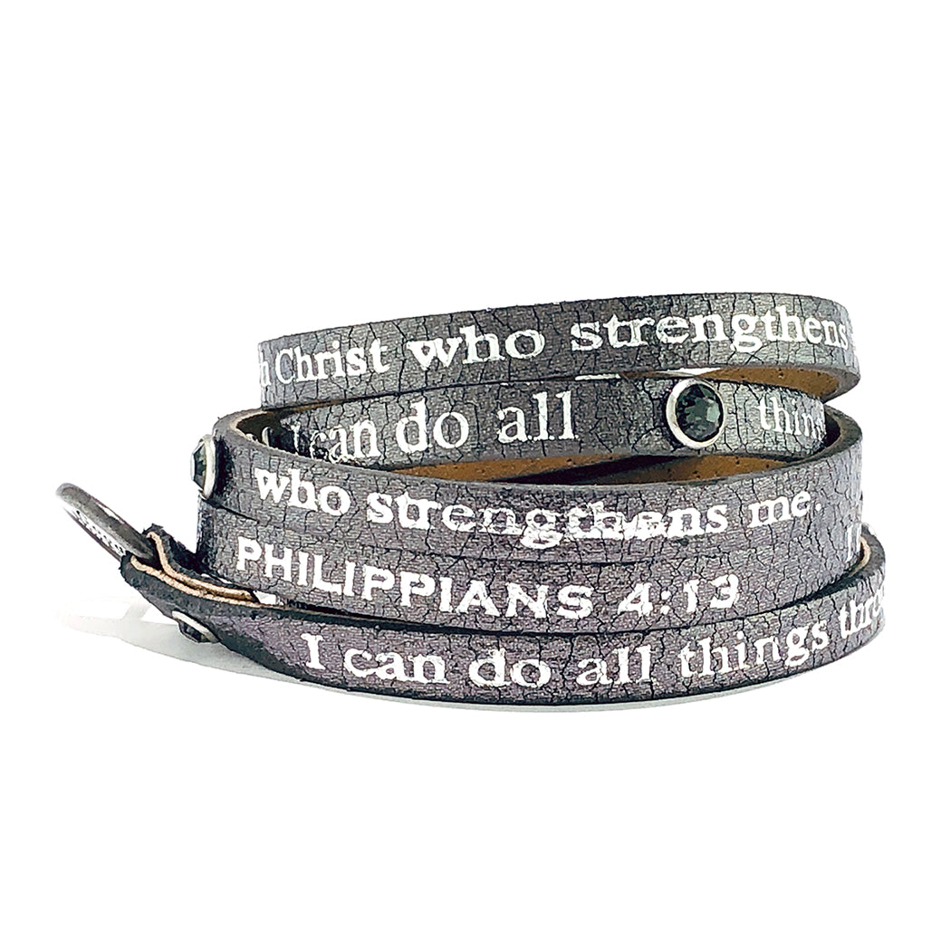 Bible Verse Wrap Around with Stones – Philippians 4:13 – Metallic Gunmetal-Good Work(s) Make A Difference® | Christian and Inspirational Jewelry Company in Vernon, California