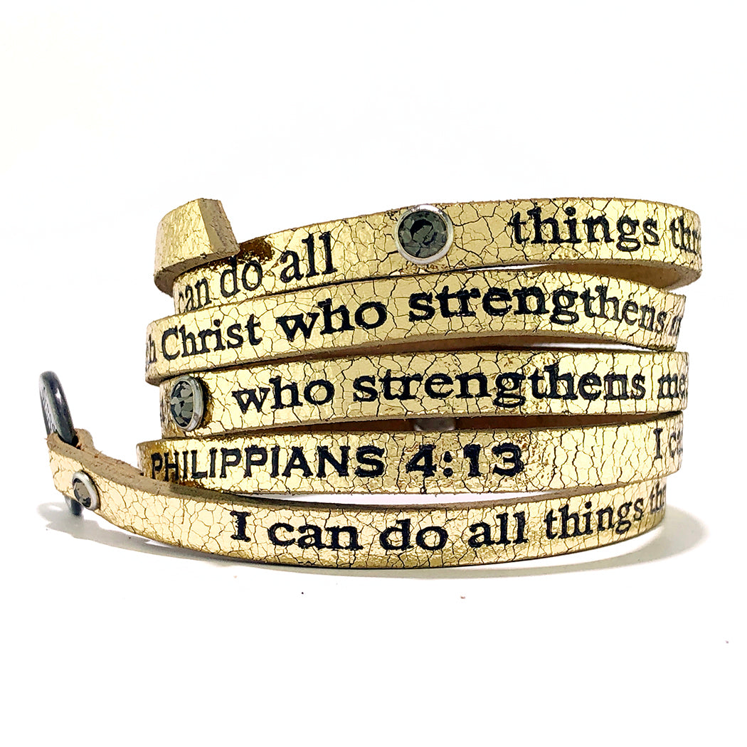 Bible Verse Wrap Around With Crystals – Philippians 4:13 – Metallic Gold-Good Work(s) Make A Difference® | Christian and Inspirational Jewelry Company in Vernon, California
