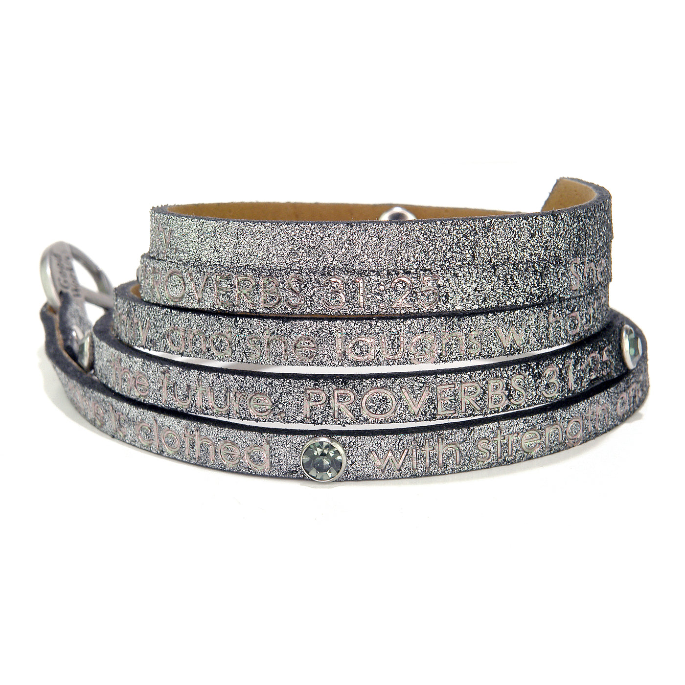 Bible Verse Wrap Around with Crystals - Proverbs 31:25 - Stardust Gunmetal-Good Work(s) Make A Difference® | Christian and Inspirational Jewelry Company in Vernon, California